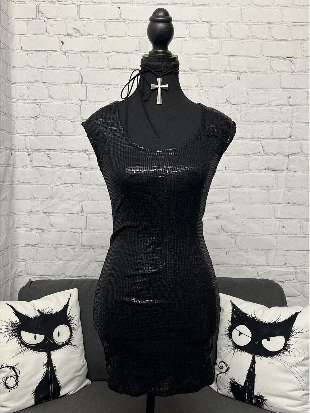 Y2K Dynamite Black Sequinned Short Sleeve Bodycon Mini Dress W Back Cutout Sz S